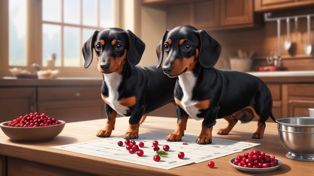 Measuring spoon with cranberries held in front of a dachshund, visualizing the safe cranberry dosage for dogs