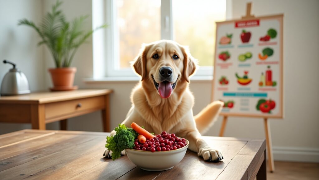 Healthy Labrador next to a bowl of cranberries and vegetables, symbolizing the health benefits of cranberries for dogs