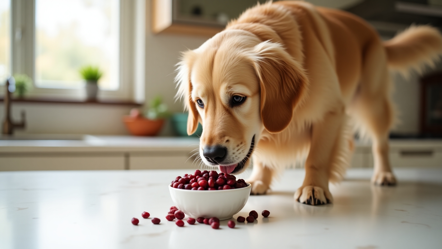 Golden retriever sniffing a bowl of dried cranberries on a kitchen counter, evaluating if cranberries are safe for dogs