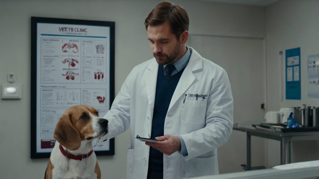 Veterinarian showing urinary health chart while examining a beagle, representing how cranberries can prevent UTIs in dogs