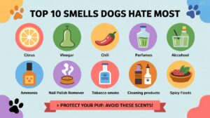 "Infographic showing the top 10 smells dogs hate most, including citrus, vinegar, chili, perfumes, and other strong odors that irritate a dog's sensitive nose."