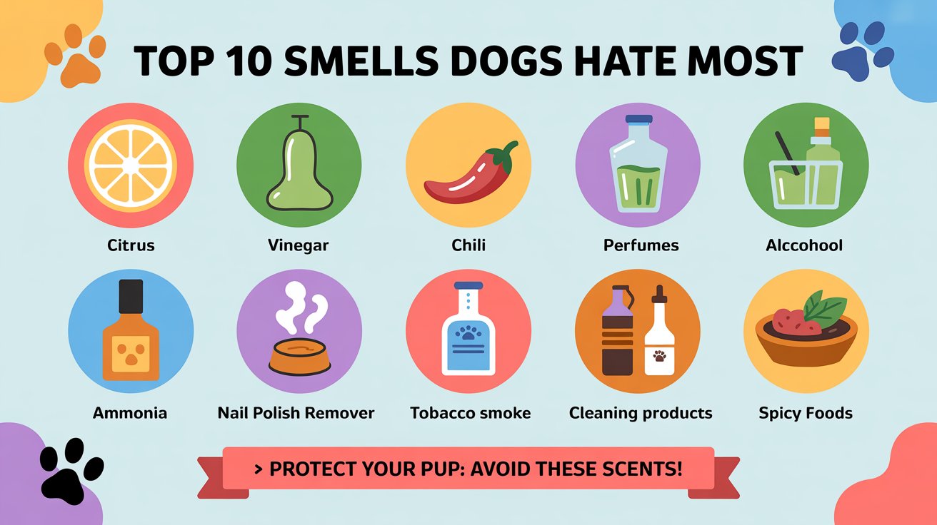 "Infographic showing the top 10 smells dogs hate most, including citrus, vinegar, chili, perfumes, and other strong odors that irritate a dog's sensitive nose."