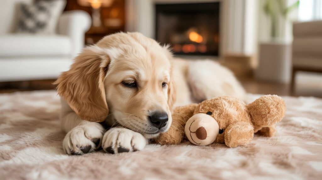 fluffy dog curled up with a blanket and a toy
