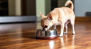 Illustrated feeding guide for Chihuahuas showing portion sizes by age and weight, including calories per day and sample schedule.