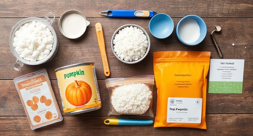 Dog diarrhea emergency kit with pumpkin, probiotics, rice, thermometer, and vet contact.