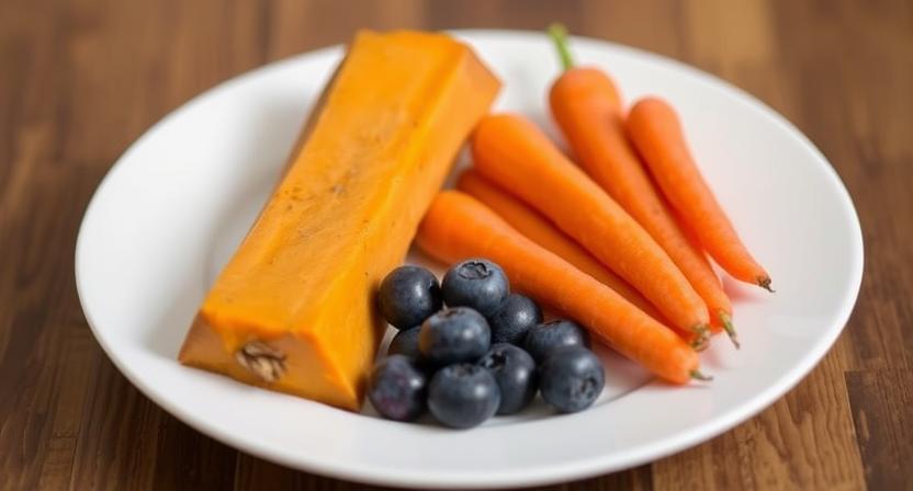 Dog-safe human foods like pumpkin, blueberries, and carrots for itchy skin.