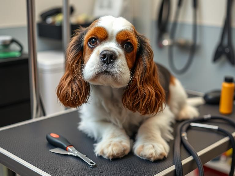 Cocker Spaniel on grooming table with tools for safe home grooming