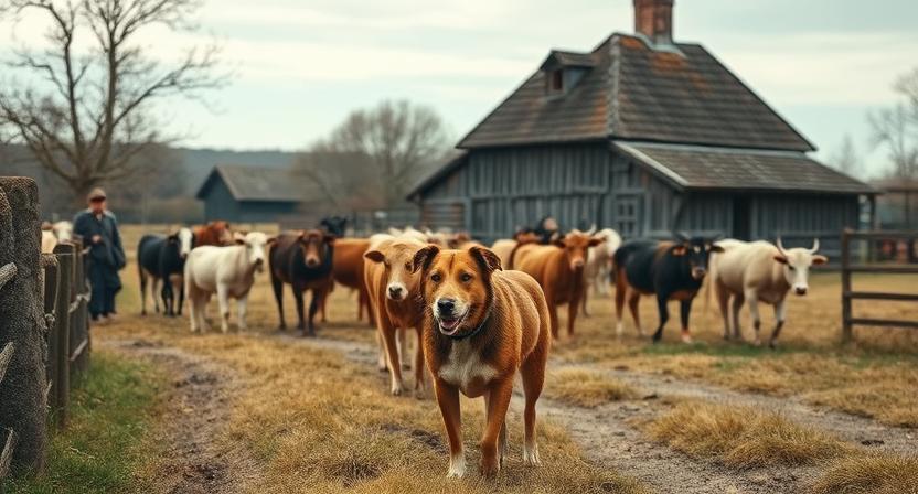 Historic farm scene in Denmark, with a Danish-Swedish Farmdog herding livestock and guarding a farmhouse. Rustic, pastoral background with natural tones.