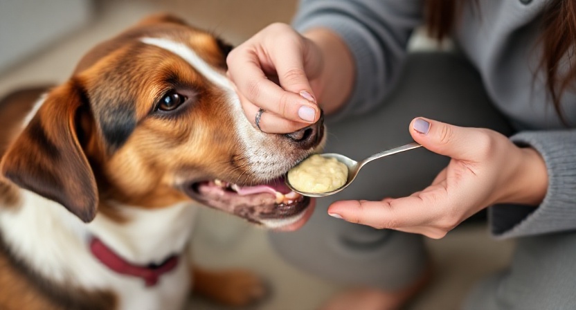 Dog parent hand feeding the best soft food for dogs after dental surgery.