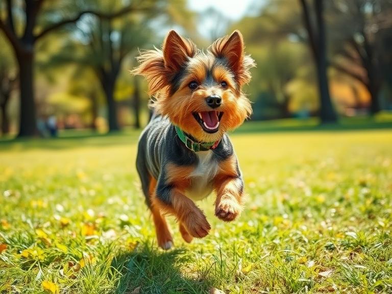 Biewer Terrier running happily in a park during exercise