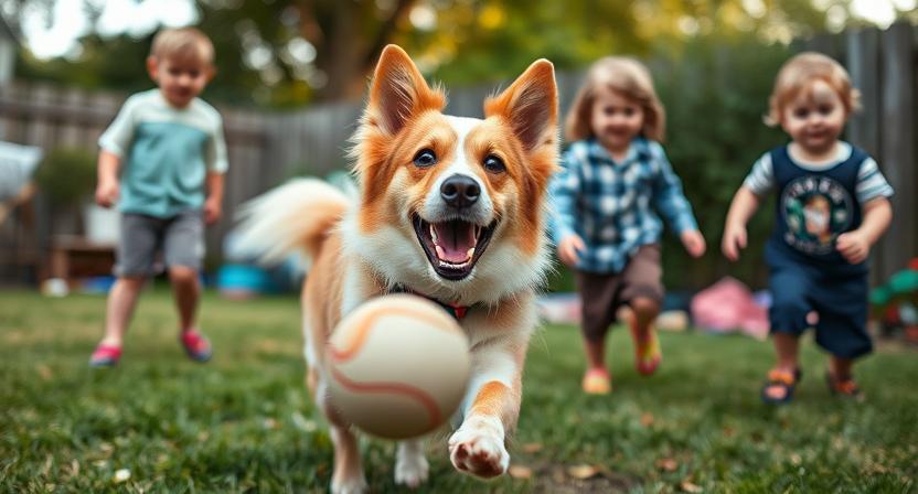 Playful Danish-Swedish Farmdog fetching a ball in a backyard with children. Energetic yet friendly expression, candid lifestyle photography style.