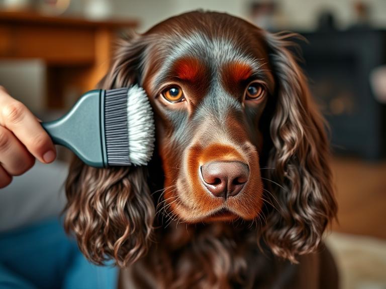 Owner brushing Chocolate Cocker Spaniel’s coat indoors