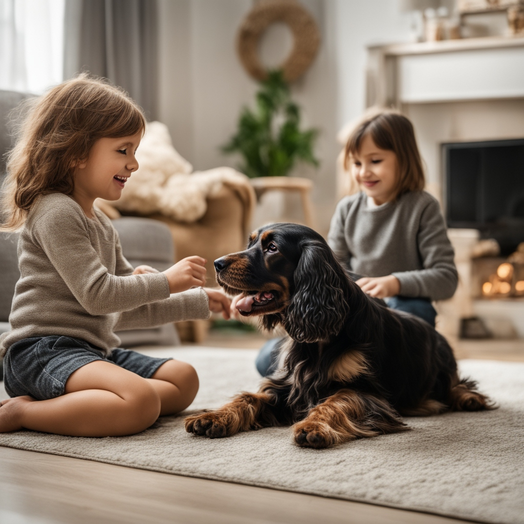Happy Black and Tan Cocker Spaniel playing with children in a cozy living room. 