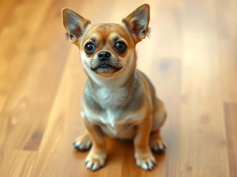 A small dog sitting in a half-straight, half-tilted funny posture, looking a bit awkward but cute, wooden floor background."
