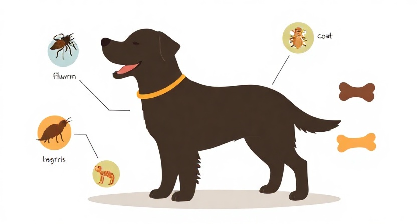 Benefits of Diatomaceous Earth Food Grade for Dogs showing parasite control, coat improvement, bone support and immunity.