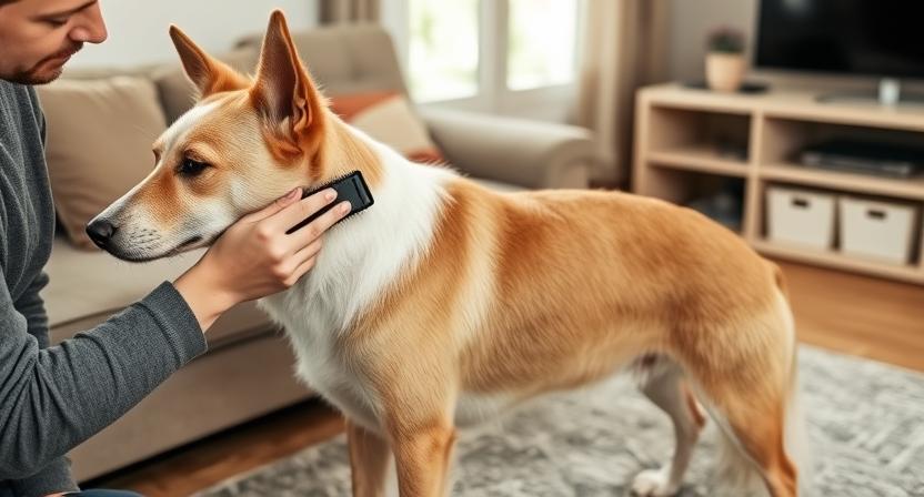 Owner brushing the short coat of a Danish-Swedish Farmdog in a living room setting. Minimal grooming tools visible, showing easy coat maintenance.