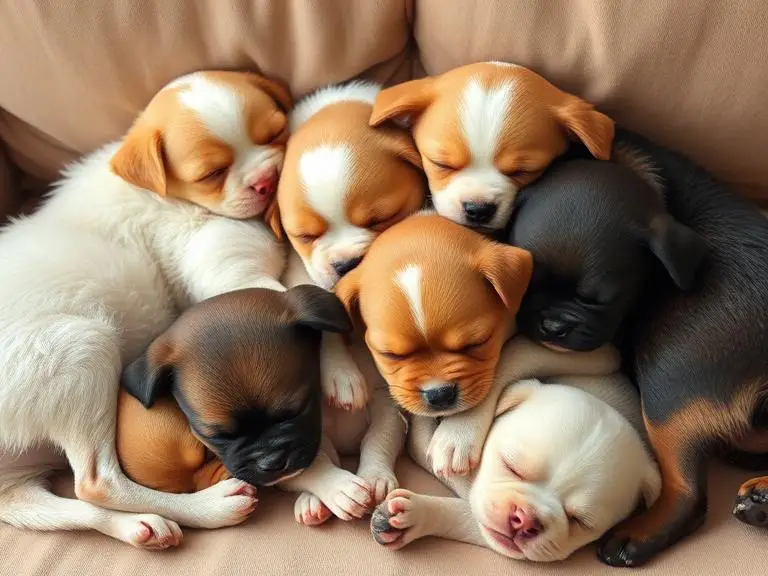 Multiple small dogs cuddled together in a pile while sleeping, fluffy and heartwarming, cozy sofa setting.