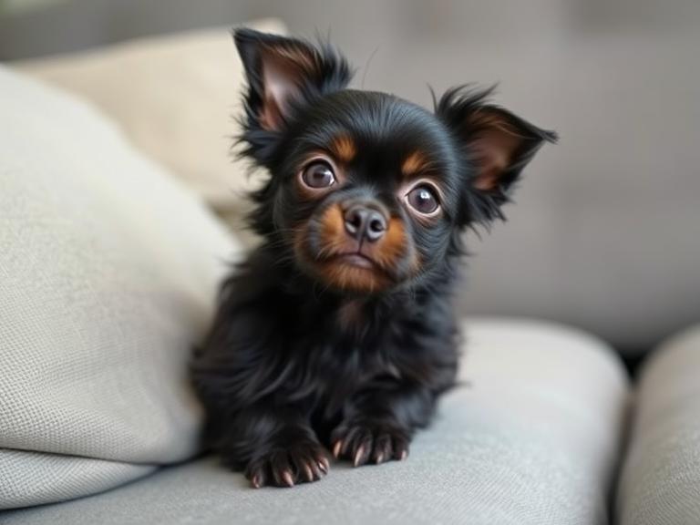 Affenpinscher dog with monkey-like face sitting playfully on a couch.