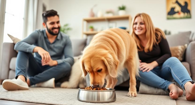Dog owner feeding Pure Balance dog food to a happy Golden Retriever.