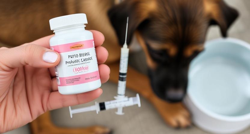 Home remedies for dog diarrhea including probiotics, Pepto-Bismol, hydration support.