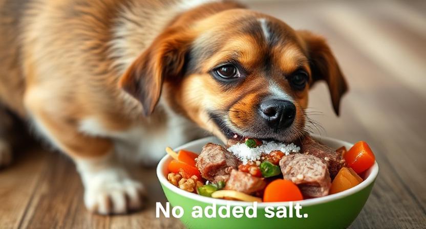 Dog eating homemade food without added salt – natural ingredients provide safe sodium levels.