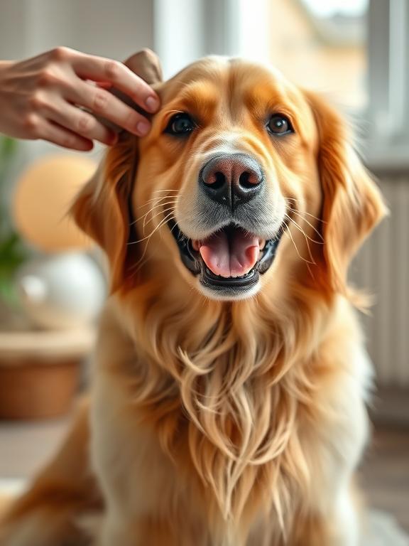 A happy golden retriever sitting indoors with shiny, healthy fur. A few white dandruff flakes visible on its back, while the owner gently brushes the coat with a soft grooming brush. Bright, clean background with natural lighting, warm and friendly pet care atmosphere.