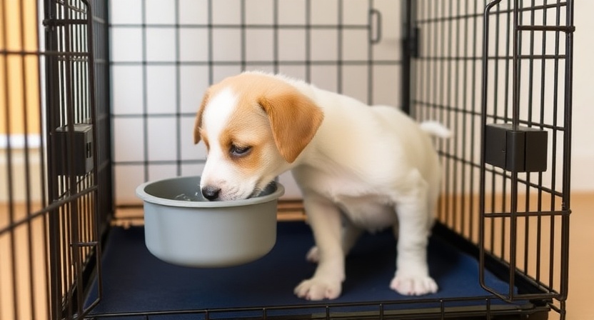Puppy drinking water from no-spill crate bowl during training.