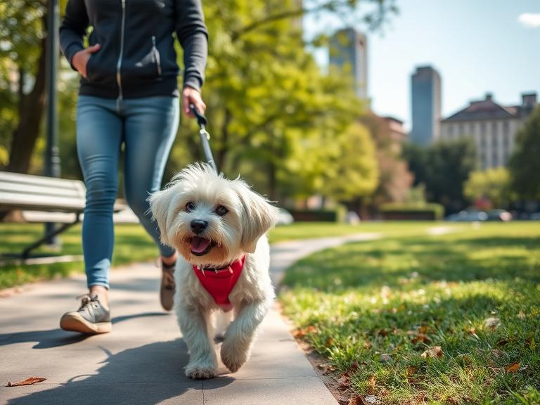 A Maltese dog walking on a leash with its owner in a city park, lively but calm, sunny day lifestyle photo.