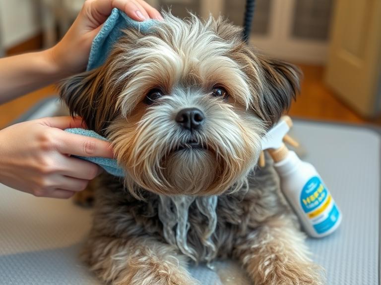 A fluffy dog being cleaned with pet wipes and dry shampoo spray instead of water, looking relaxed and comfortable on a grooming mat.