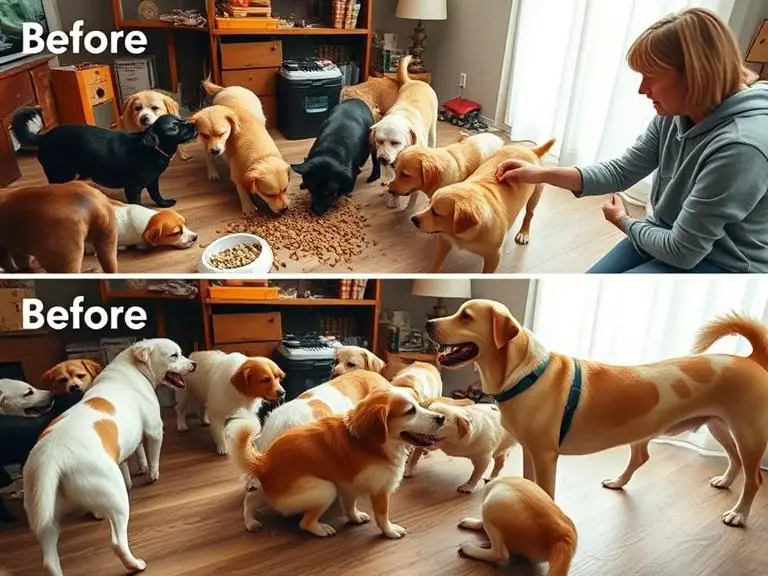 Dog owner hand-feeding treats to a medium-sized dog while another dog waits patiently