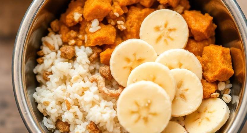 Dog diarrhea firming foods – rice, pumpkin, oatmeal, bananas for healthy digestion.