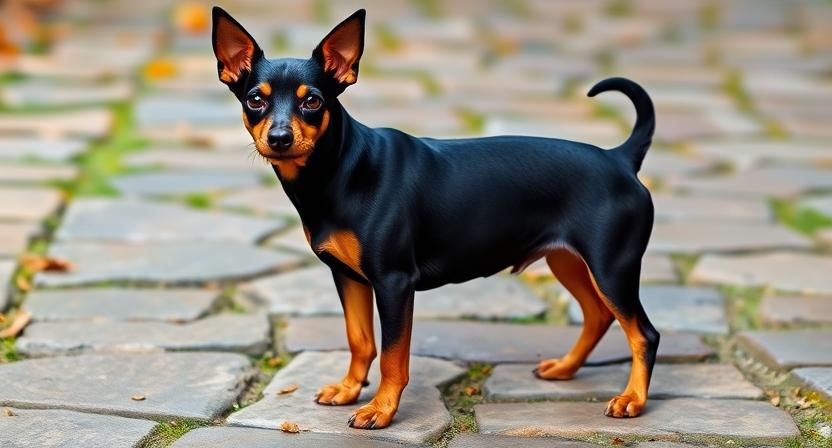 A Miniature Pinscher standing proudly on a stone path. Sleek black-and-tan coat, small but muscular body, alert eyes. The dog looks fearless, lively, and adventurous. Realistic, detailed quality.