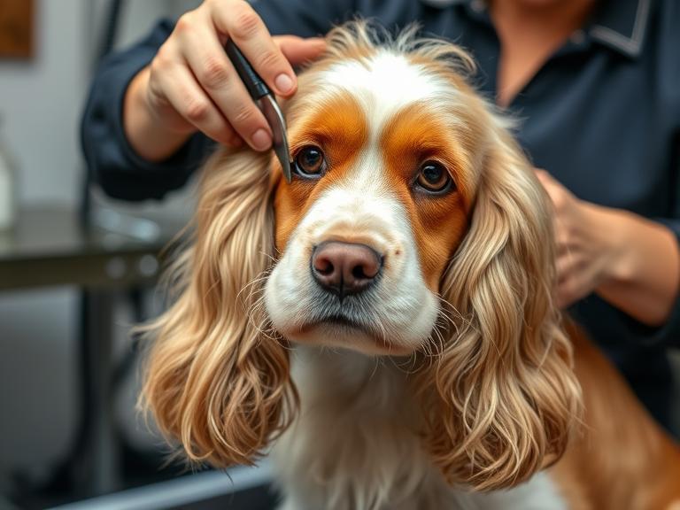 Groomer cleaning Cocker Spaniel’s floppy ears to prevent infections