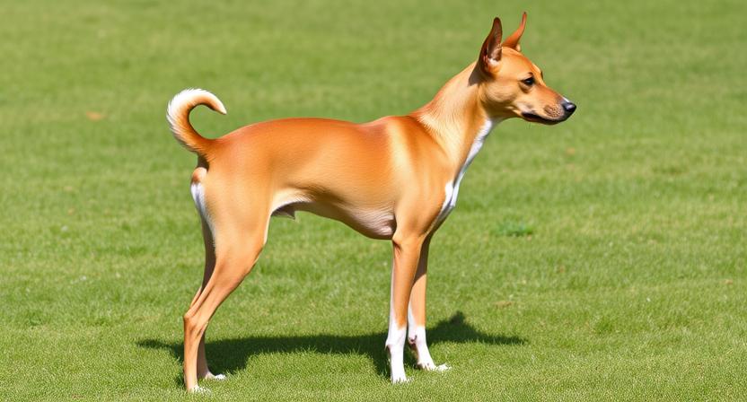 Basenji standing outdoors with sleek body and curly tail, highlighting breed features.
