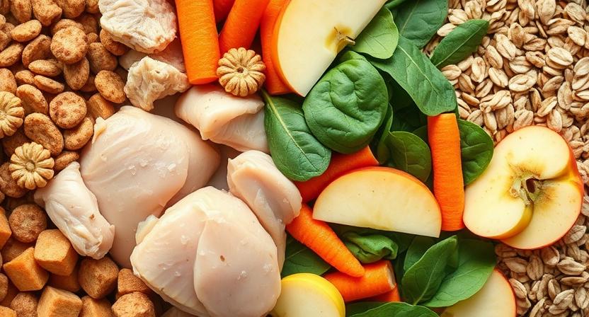 Ingredients of Honest Kitchen dog food showing chicken, vegetables, fruits, and grains