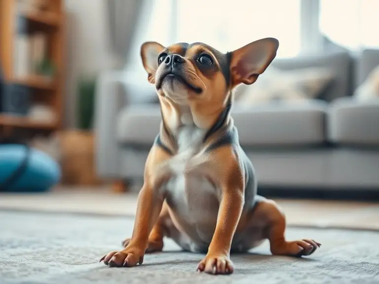 A small dog sitting with back legs spread out like a frog, cute and funny pose, bright living room setting