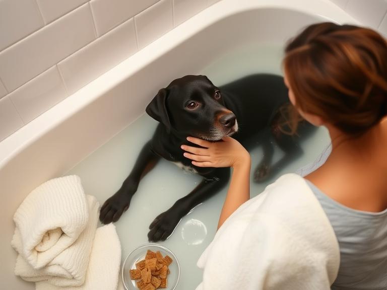 A calm Labrador in the tub while the owner gently pets and talks to it, soft towels nearby, with treats visible in the background.
