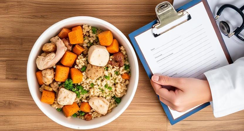 Vet-approved homemade dog food recipe with lean protein, rice, vegetables, and healthy fats provides balanced sodium.