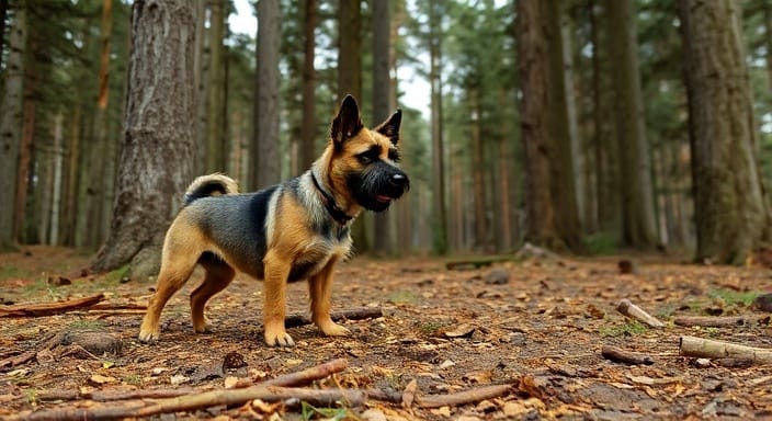 Cesky Terrier in Bohemian forest, representing breed’s hunting origins in Czechoslovakia