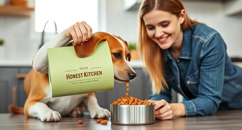 Pet owner serving Honest Kitchen premium quality dog food at home