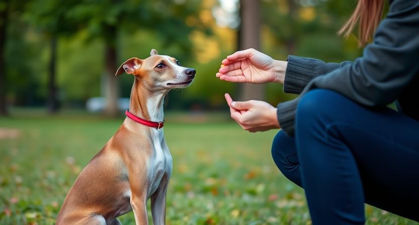 Italian Greyhound being trained with positive reinforcement, showing intelligence and sensitivity.