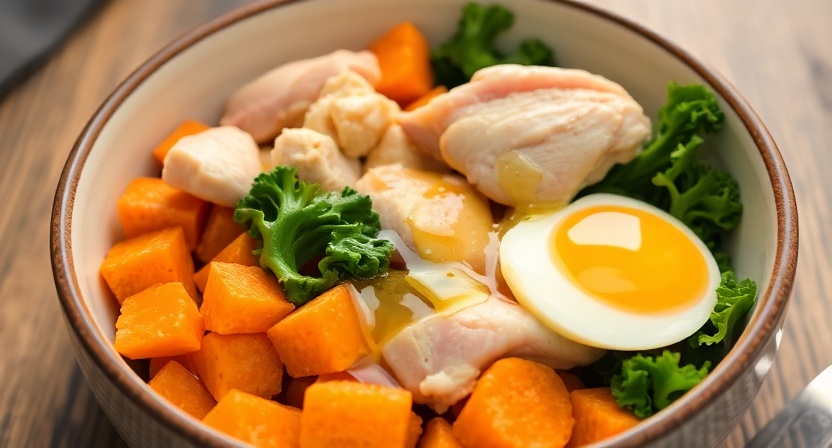 Bowl of fresh homemade dog food with chicken, sweet potato, kale, and egg, garnished with fish oil, ready to serve"