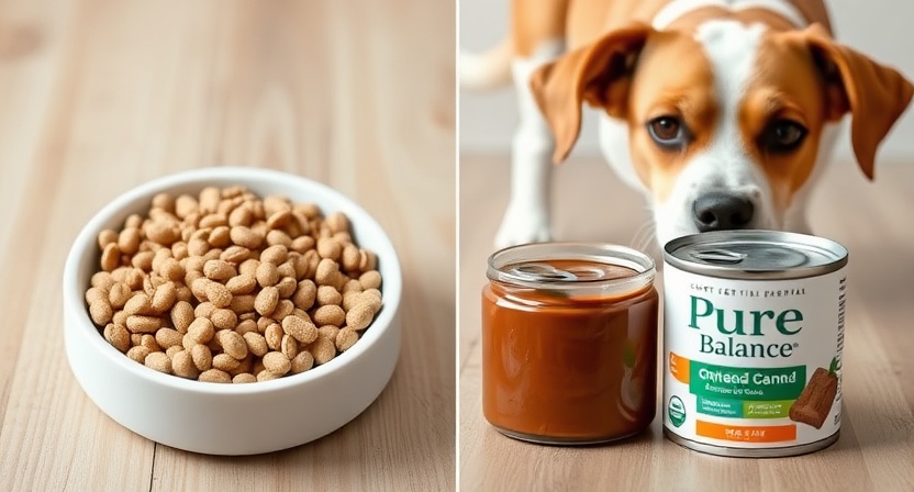 Pure Balance wet vs dry dog food comparison in feeding bowls.