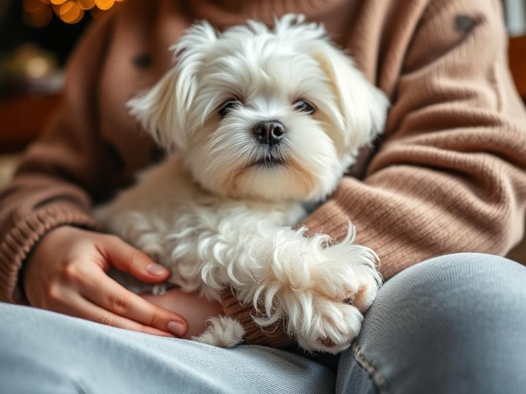 Maltese dog showing affectionate and playful temperament while cuddling with owner.