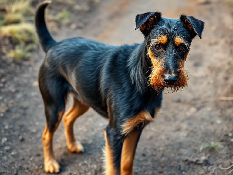 Close-up of a Jagdterrier with black and tan markings on a trail