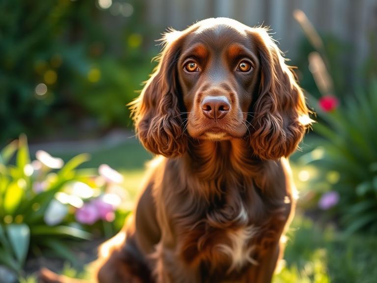 Chocolate Cocker Spaniel with shiny coat sitting in the garden