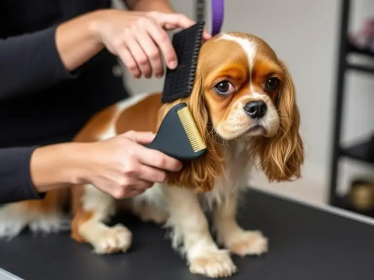 Owner brushing Cocker Spaniel with slicker brush to remove loose hair.
