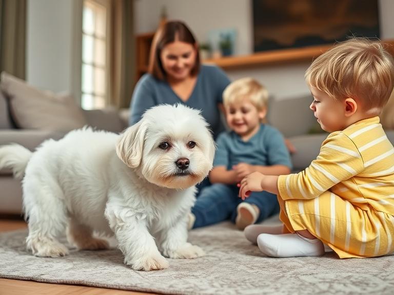 Maltese dog playing gently with children at home showing family-friendly nature.