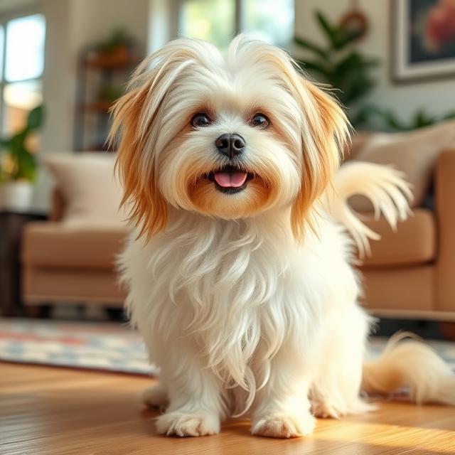 Havanese dog with fluffy silky coat sitting indoors, looking cheerful and elegant
