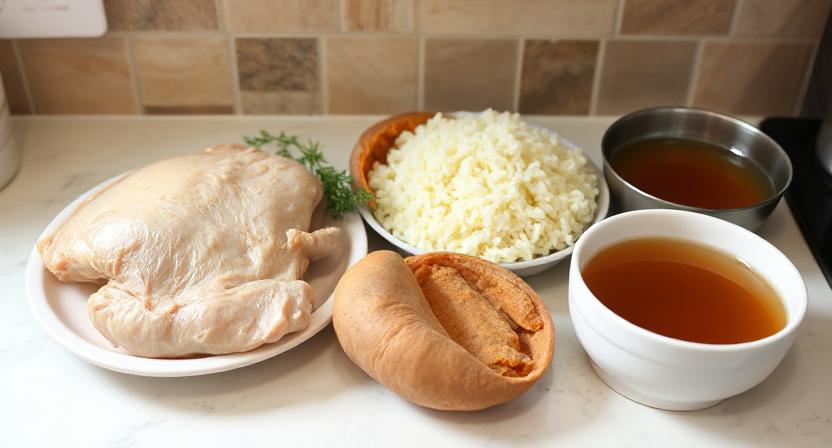 Assortment of soft foods on a kitchen counter: boiled chicken, white rice, mashed sweet potato, and a bowl of bone broth.